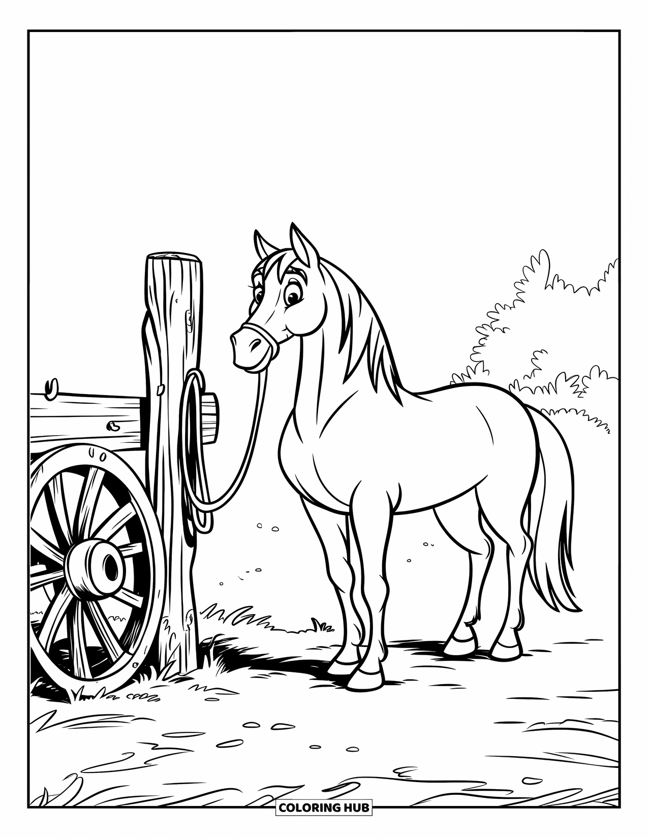 Western Horse Coloring Page for Kids: Horse tied to a hitching post near old wagon wheels