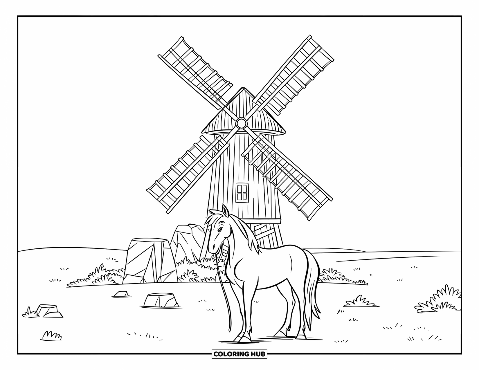 Western Horse Coloring Page for Kids: Horse tied to a post beneath a wooden windmill on open land