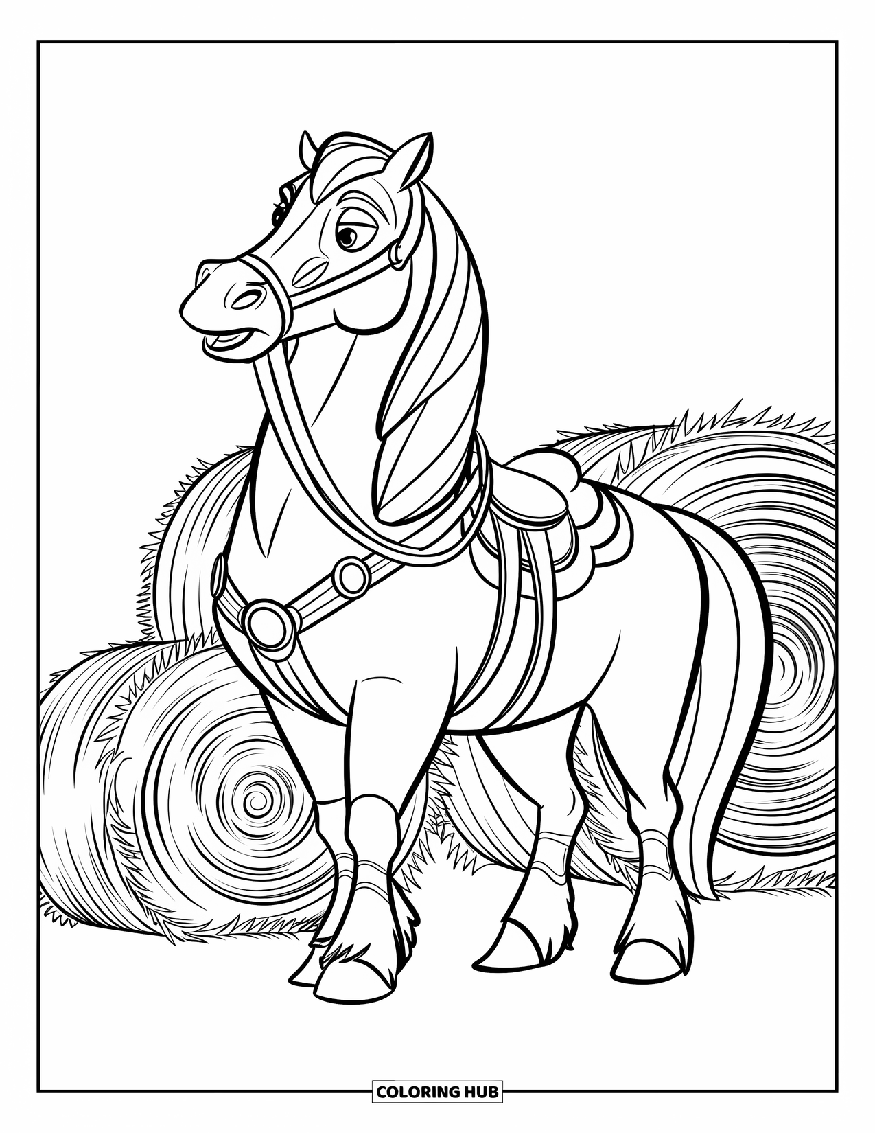 Western Horse Coloring Page for Kids: Horse with bold mane and gear resting near hay bales