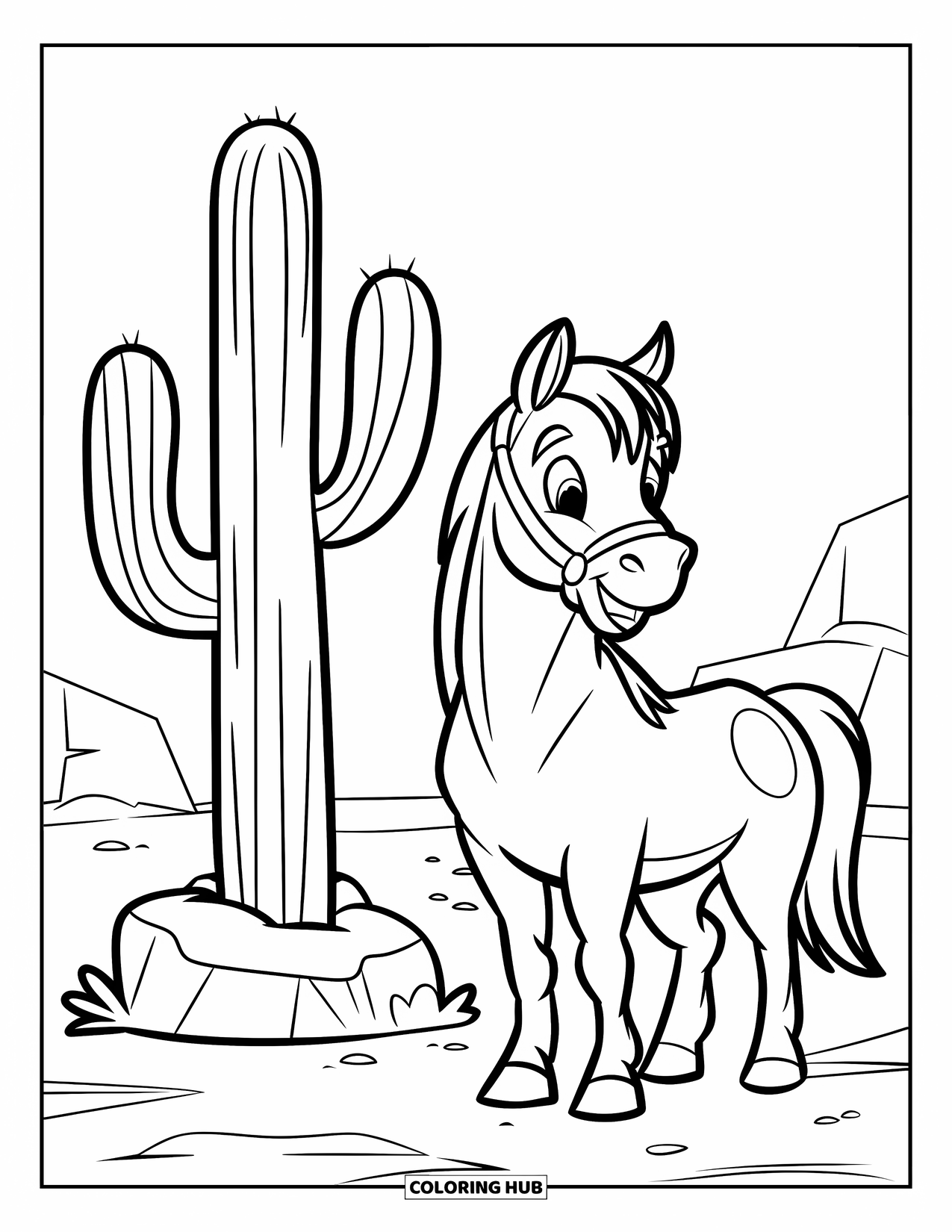 Western Horse Coloring Page for Kids: Horse with cheerful eyes beside a cactus in a desert