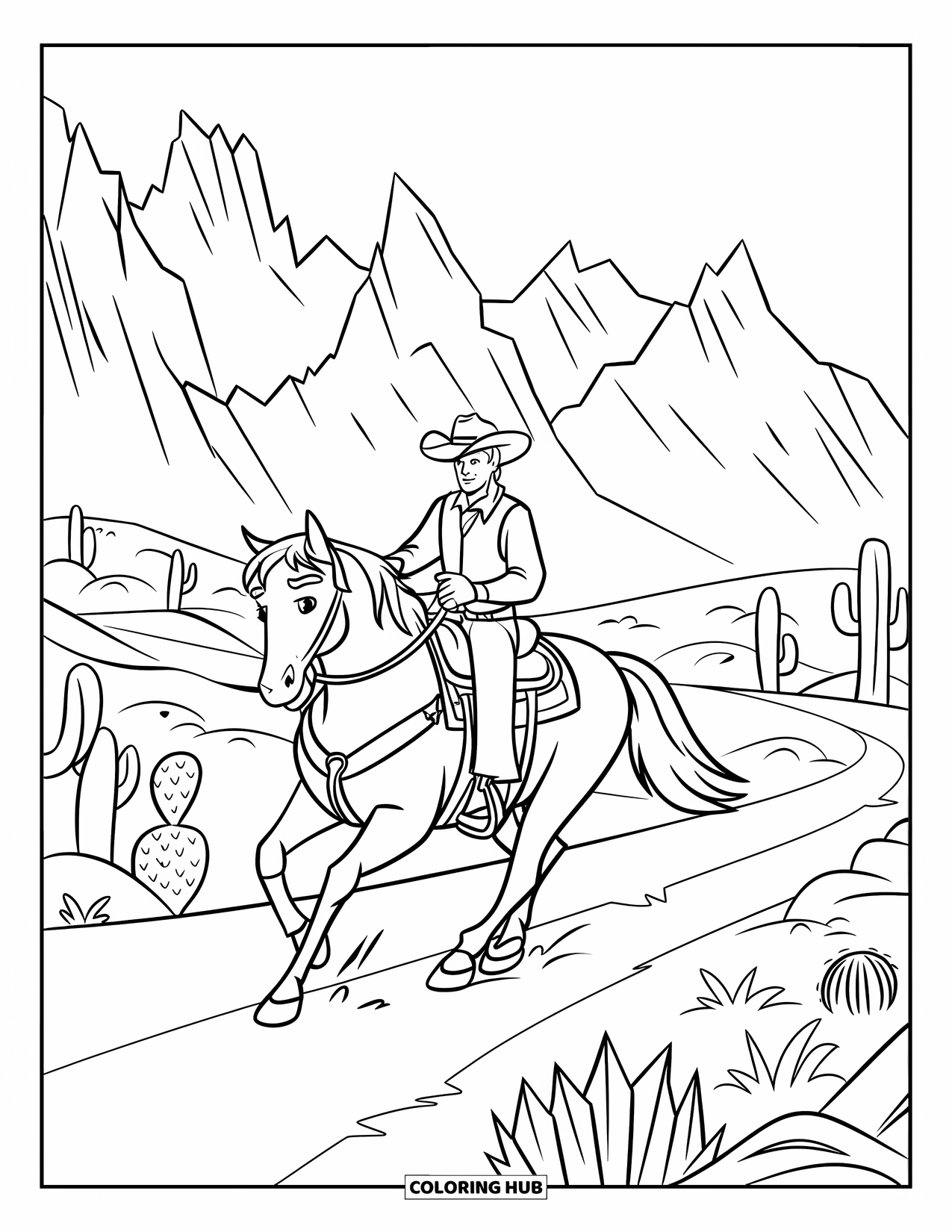 Western Horse Coloring Page for Kids: Horse with cowboy rider galloping along a desert trail