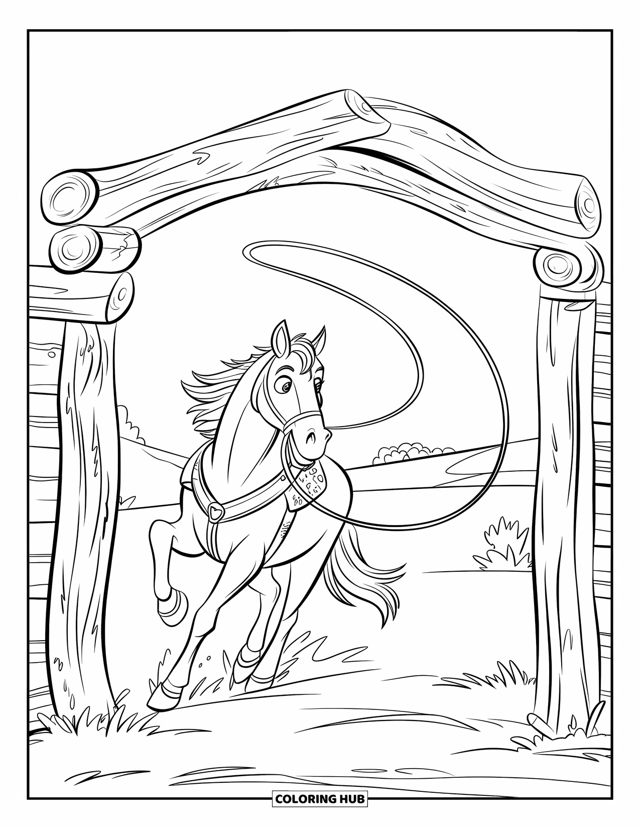 Western Horse Coloring Page for Kids: Horse with detailed coat passing through a weathered wooden archway