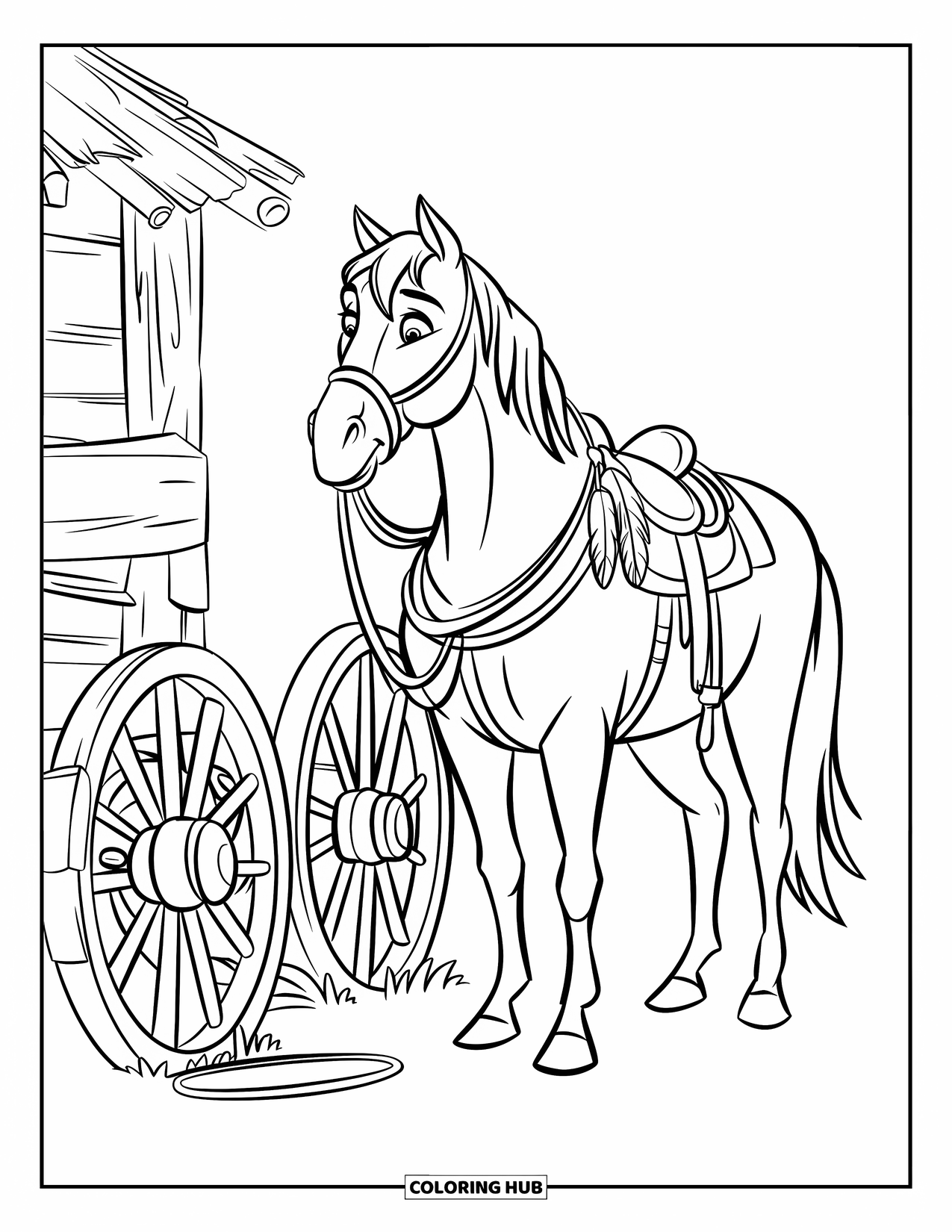 Western Horse Coloring Page for Kids: Horse with feathers on its saddle tied near wagon wheels