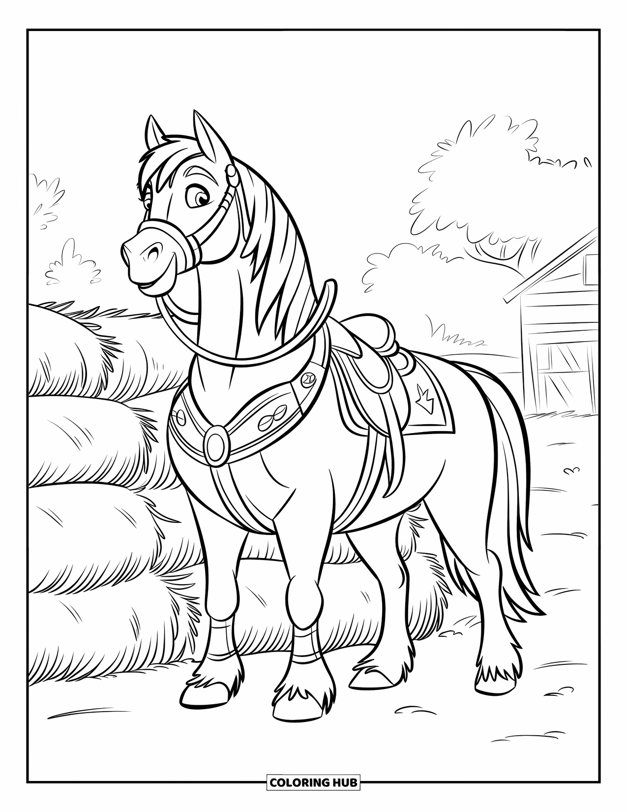 Western Horse Coloring Page for Kids: Horse with gear beside hay bales and a rustic building