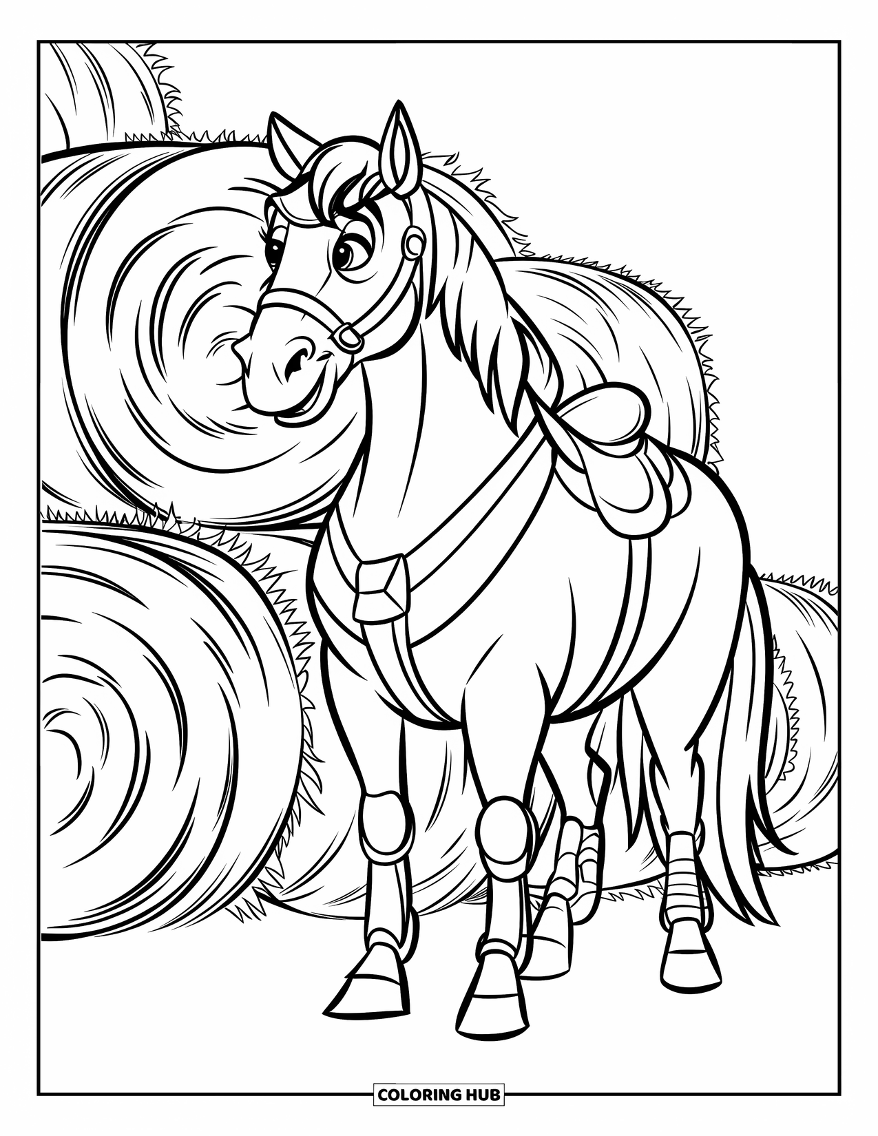 Western Horse Coloring Page for Kids: Horse with gear standing proudly next to neat hay bales