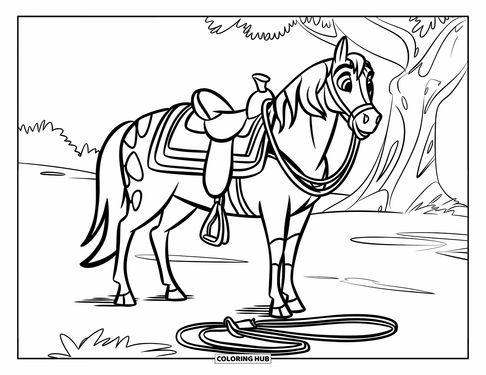 Western Horse Coloring Page for Kids: Horse with saddle and lasso beside a tree in a meadow