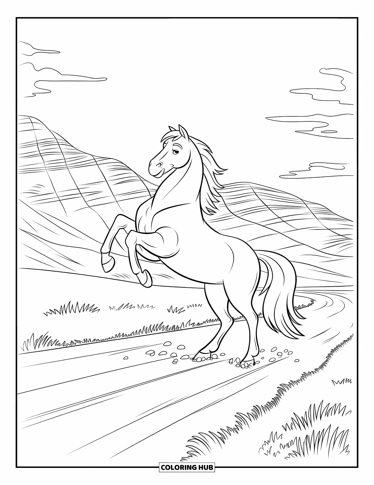 Western Horse Coloring Page for Kids: Rearing horse on a trail with mountains and a meadow