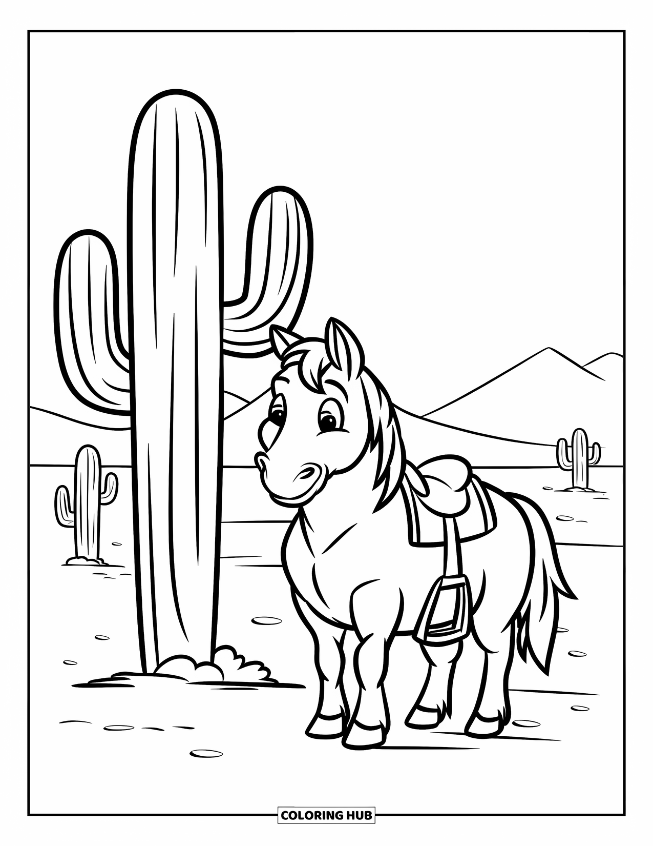 Western Horse Coloring Page for Kids: Round horse with saddle near a cactus and distant mountains