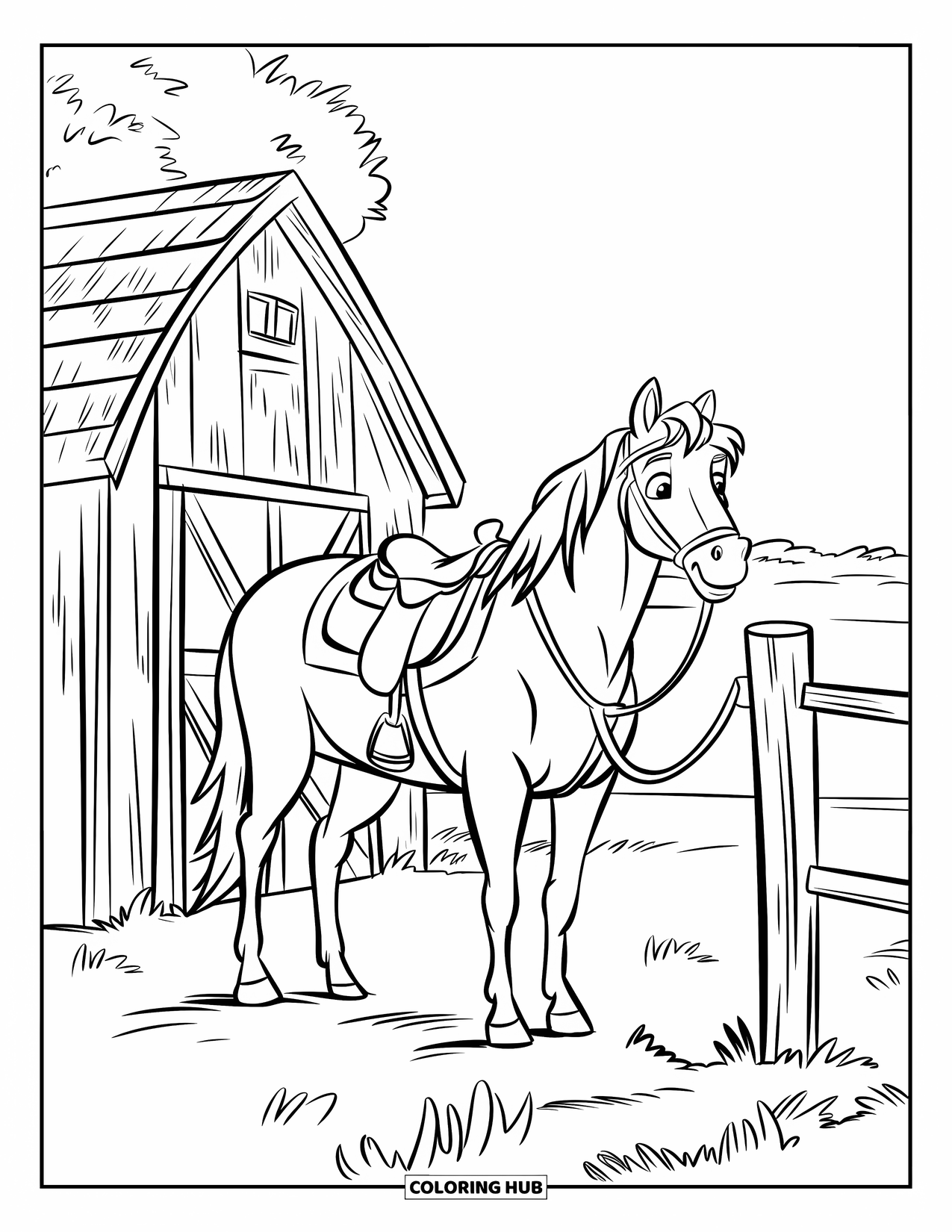 Western Horse Coloring Page for Kids: Saddled horse by a post beside a barn and trees