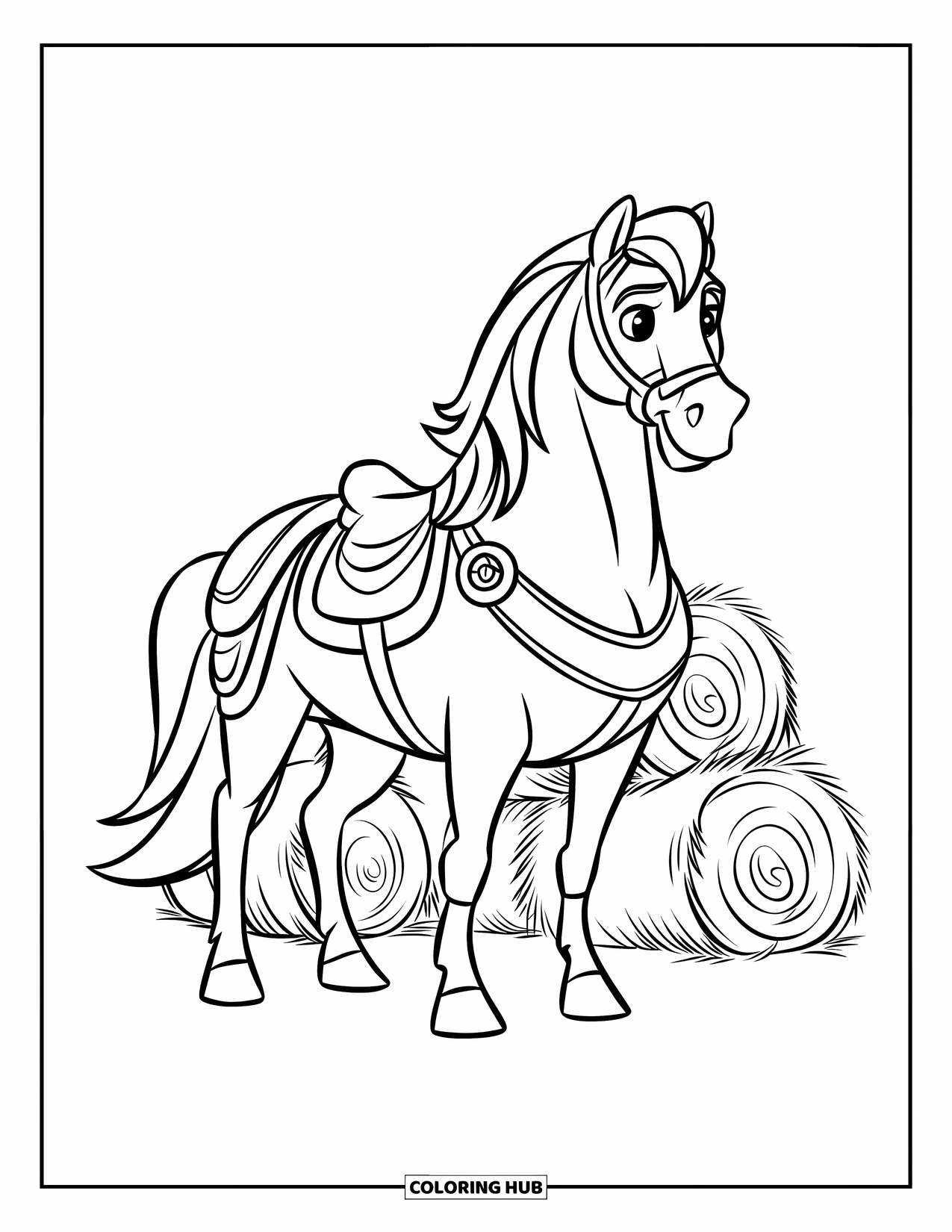 Western Horse Coloring Page for Kids: Strong horse with gear standing beside stacked hay bales