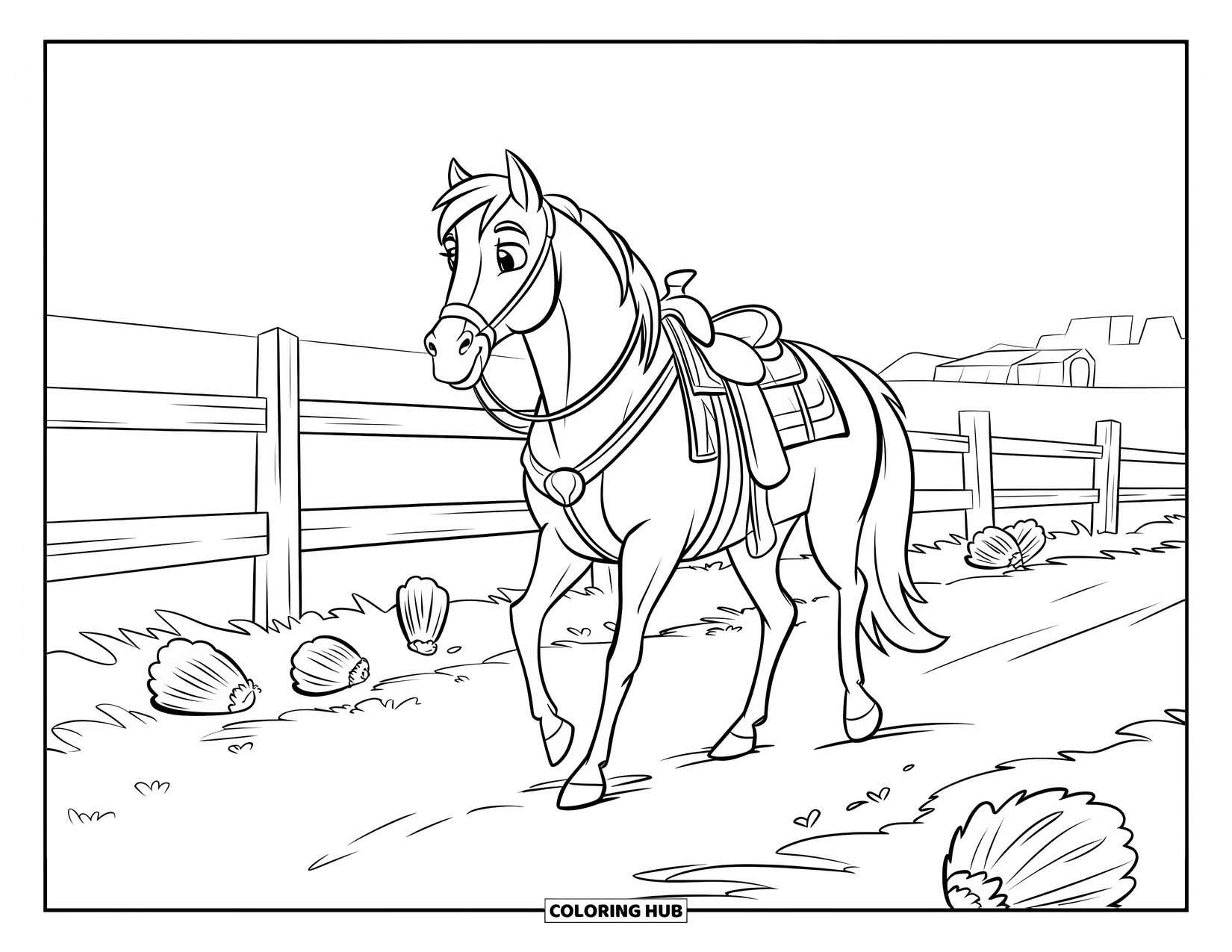 Western Horse Coloring Page for Kids: Western horse walking along a dusty ranch trail with tumbleweeds