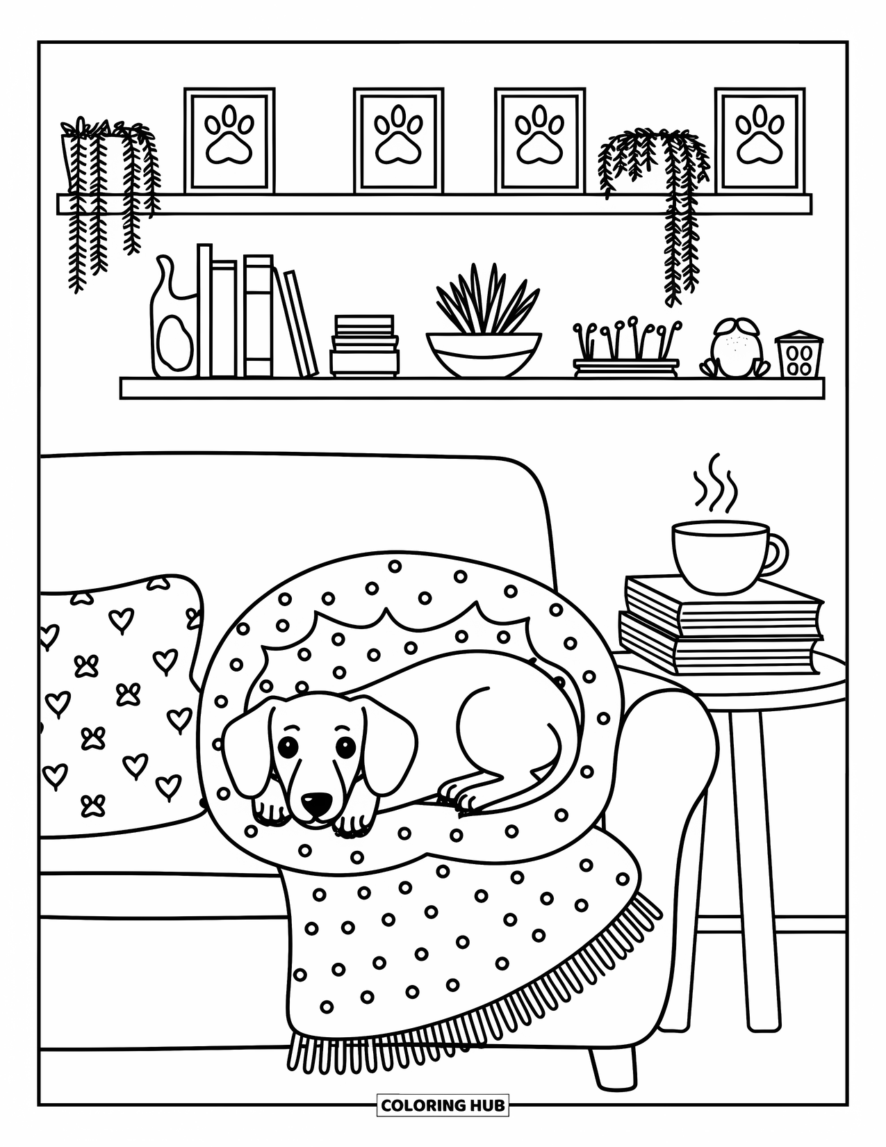 Wiener Dog Coloring Page for Adults: Cozy wiener dog curled under a blanket on a cushioned couch