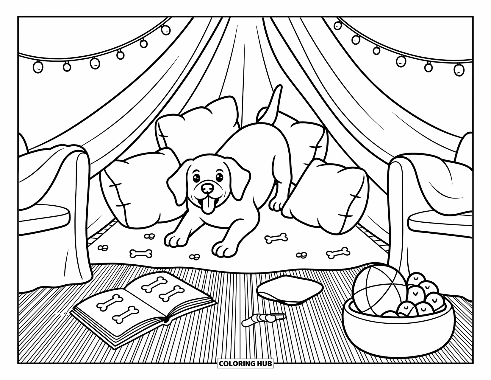 Wiener Dog Coloring Page for Adults: Happy wiener dog crawling inside a blanket fort with toys and treats
