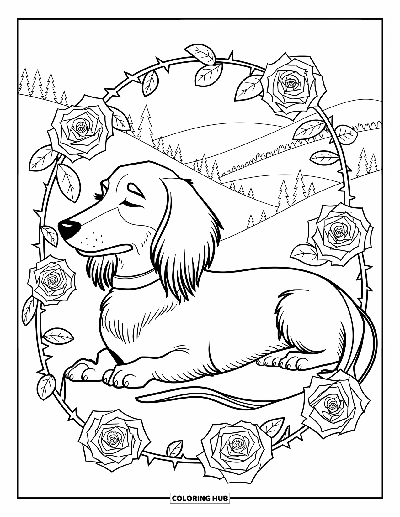 Wiener Dog Coloring Page for Adults: Long-haired wiener dog resting with roses, vines, and a scenic landscape