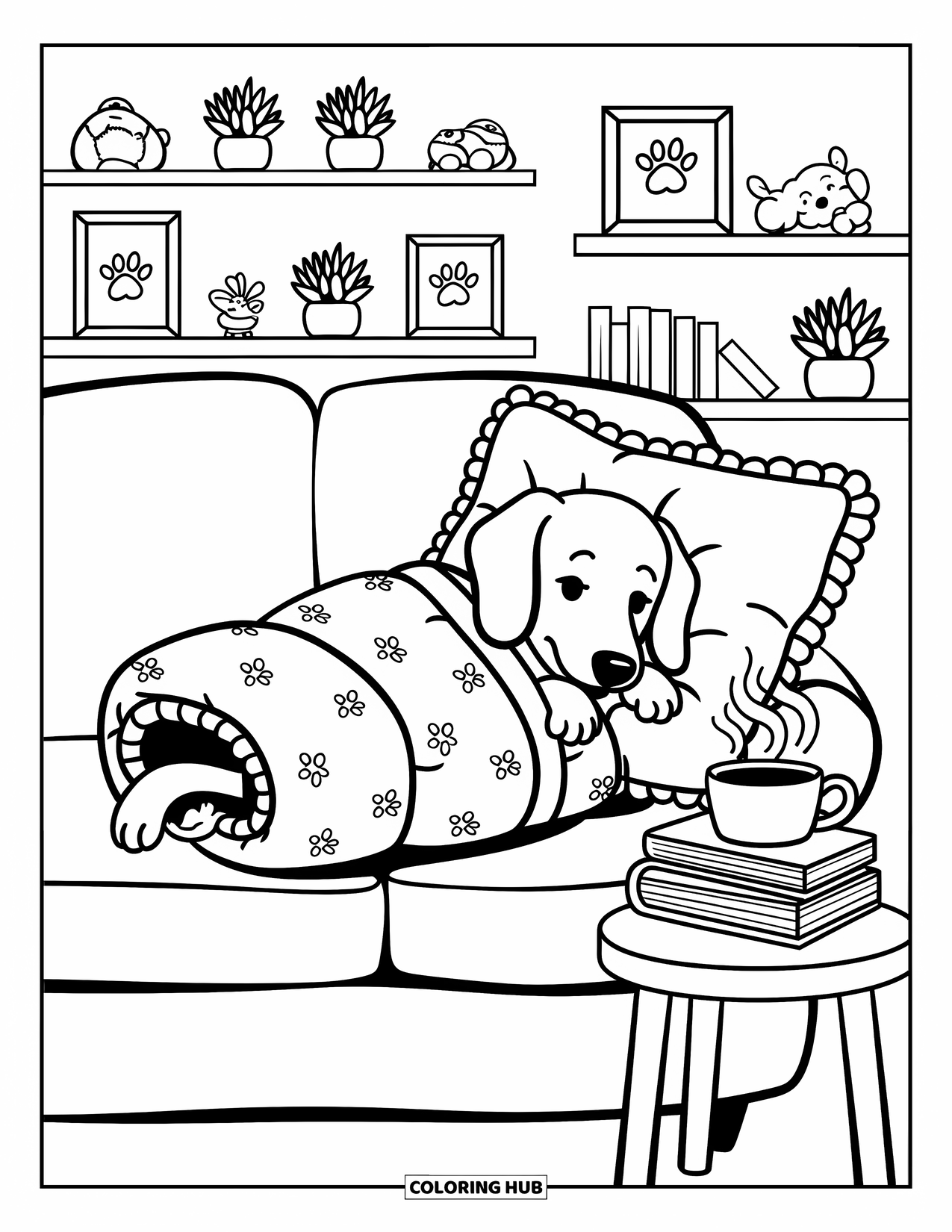 Wiener Dog Coloring Page for Adults: Sleepy wiener dog wrapped in a patterned blanket on a soft couch
