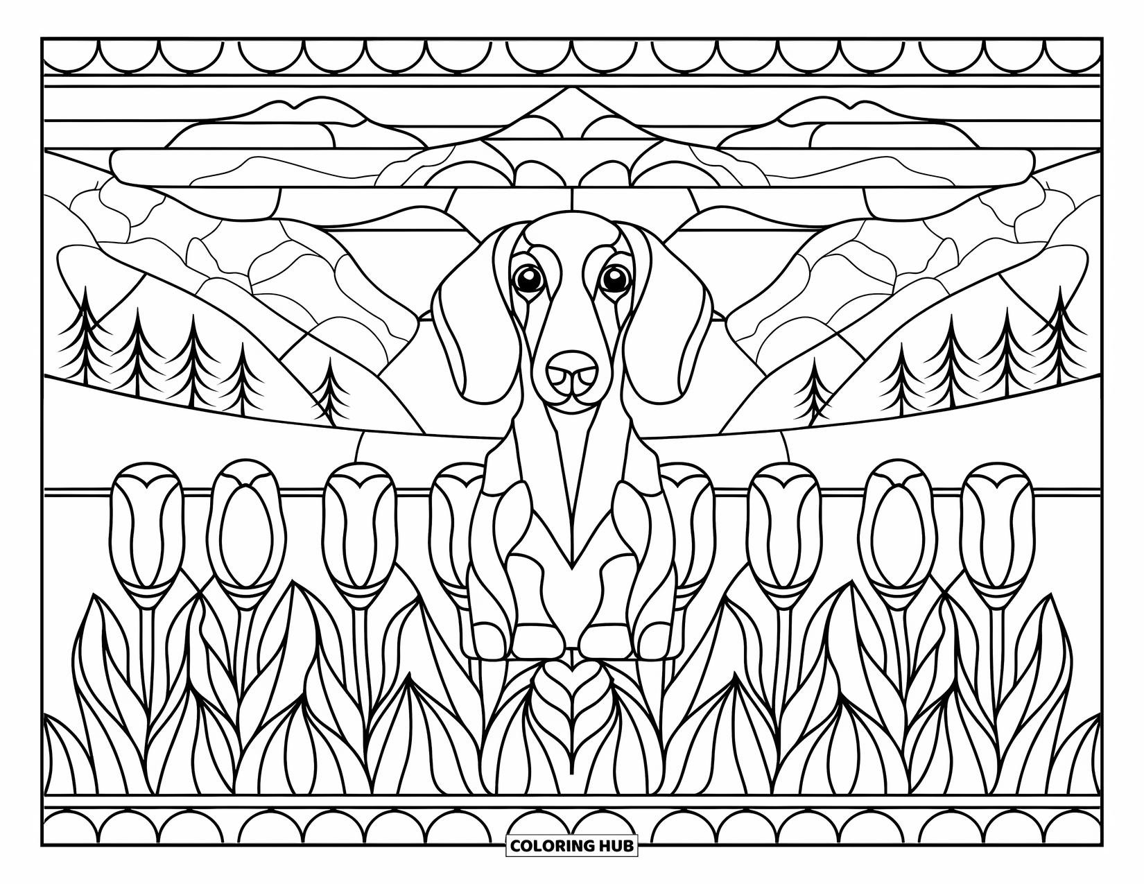 Wiener Dog Coloring Page for Adults: Wiener dog centered in a stained glass tulip design with a scenic backdrop