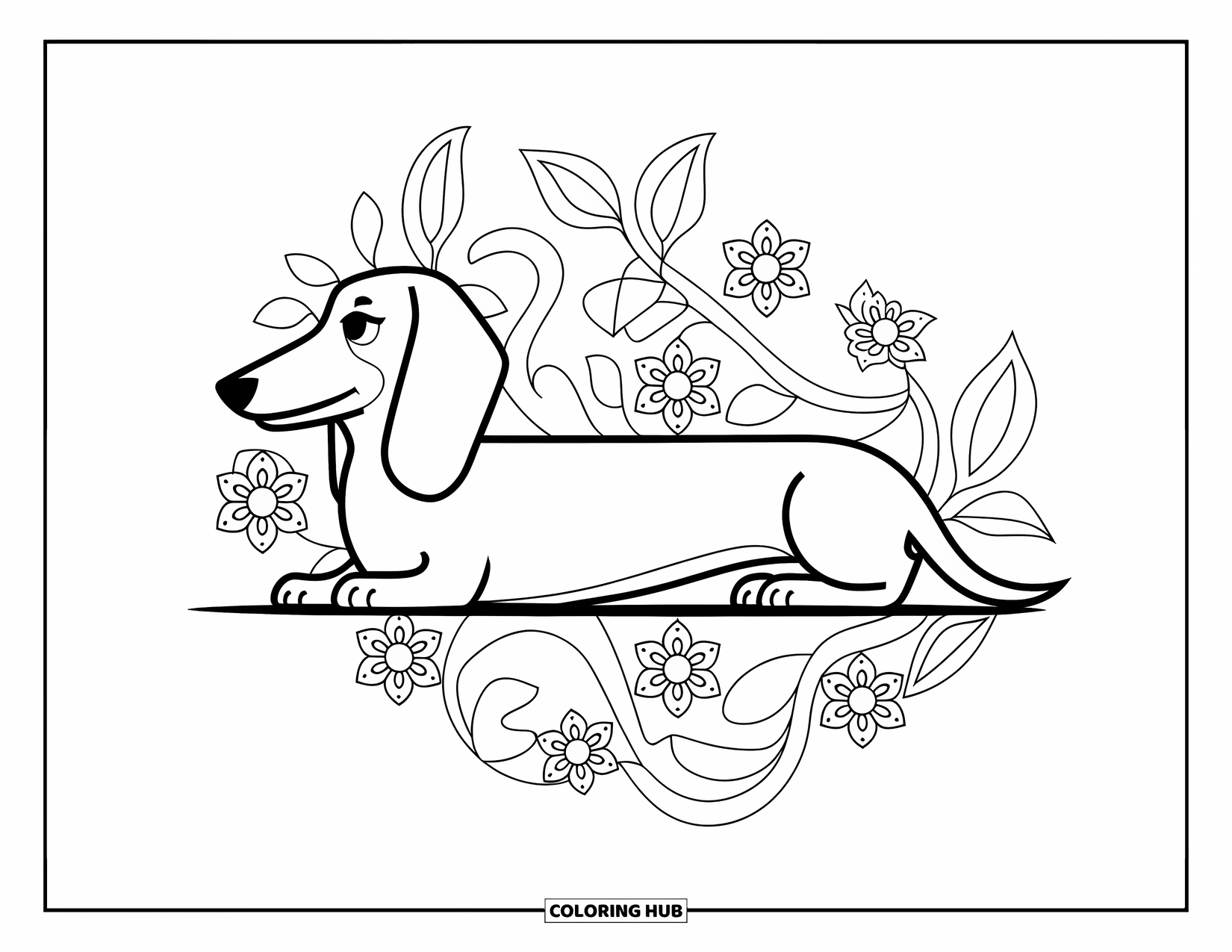 Wiener Dog Coloring Page for Adults: Wiener dog lying on its side surrounded by swirling leaves and flower mandalas