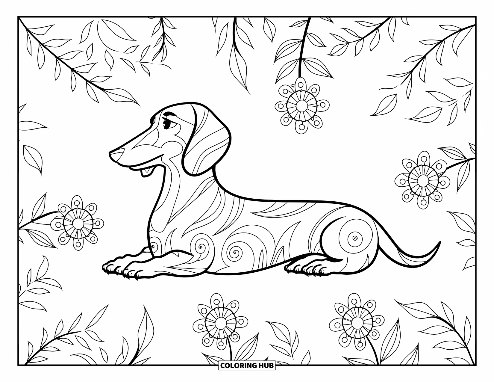 Wiener Dog Coloring Page for Adults: Wiener dog lying peacefully within swirling leaves and flower mandalas