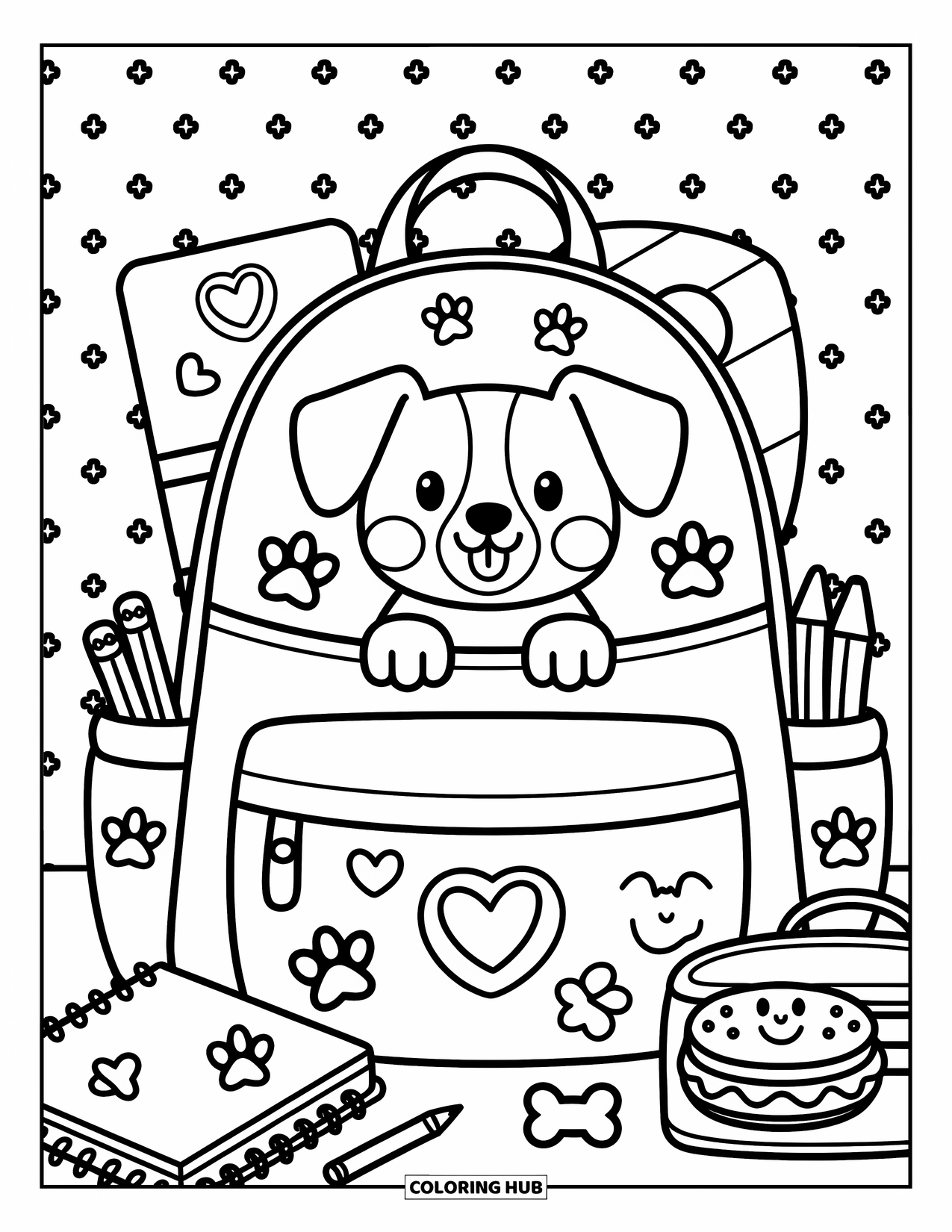 Wiener Dog Coloring Page for Adults: Wiener dog poking out of an unzipped backpack with playful school supplies
