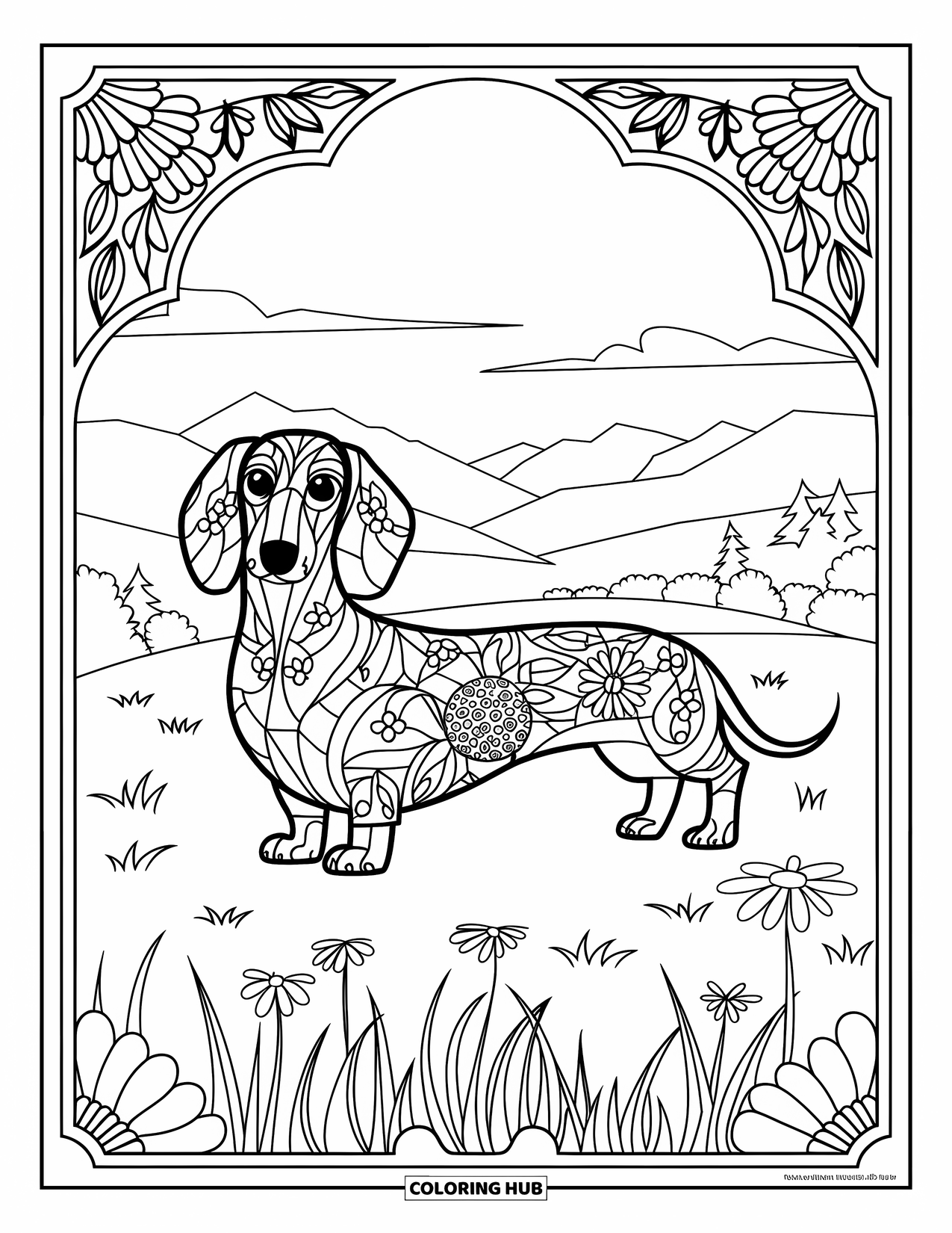 Wiener Dog Coloring Page for Adults: Wiener dog standing in a grassy field with mountains and stained glass details