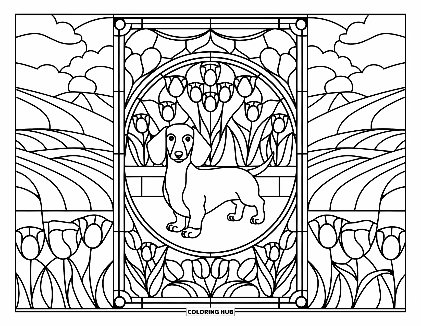 Wiener Dog Coloring Page for Adults: Wiener dog standing in a tulip-filled stained glass panel with rolling hills