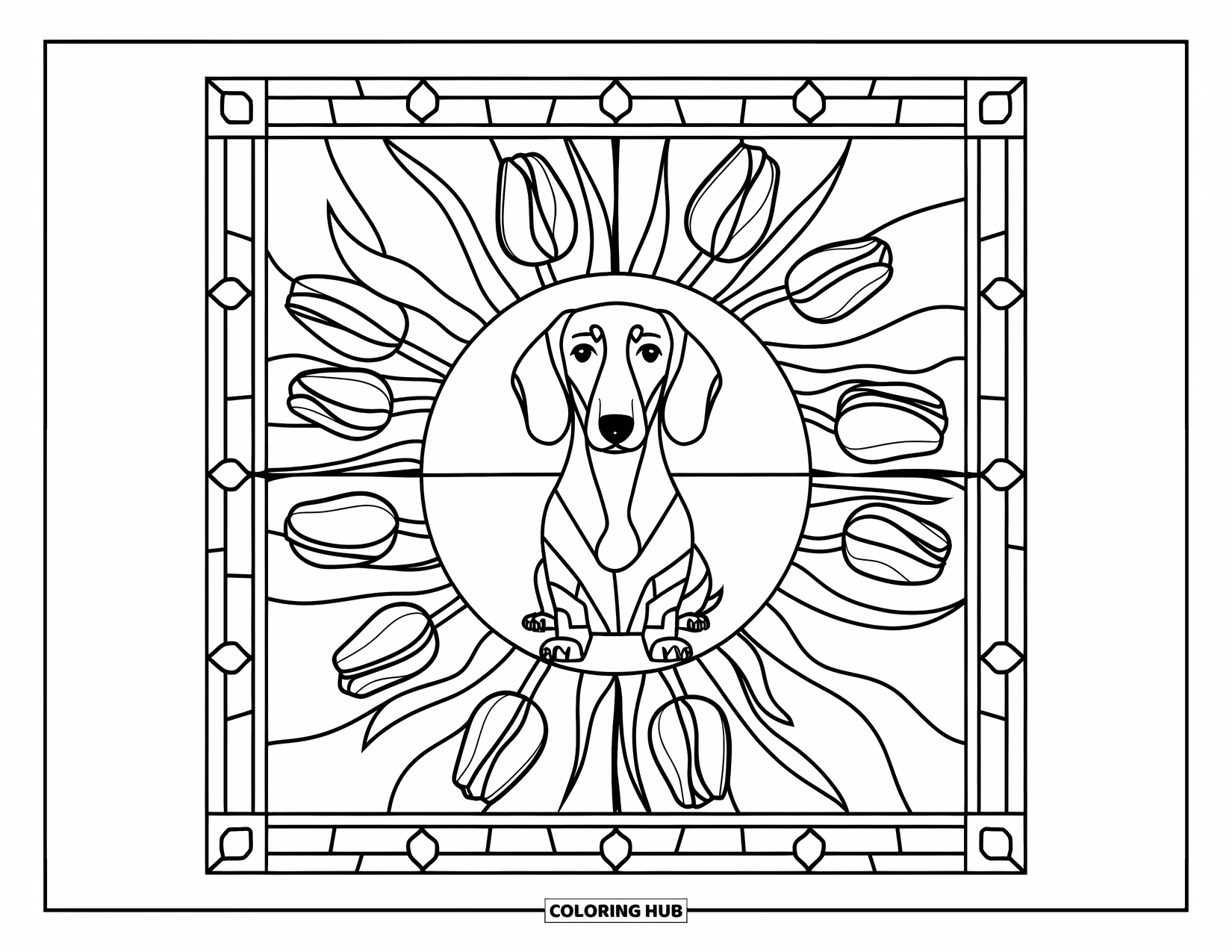 Wiener Dog Coloring Page for Adults: Wiener dog with floppy ears sitting in a stained glass tulip panel