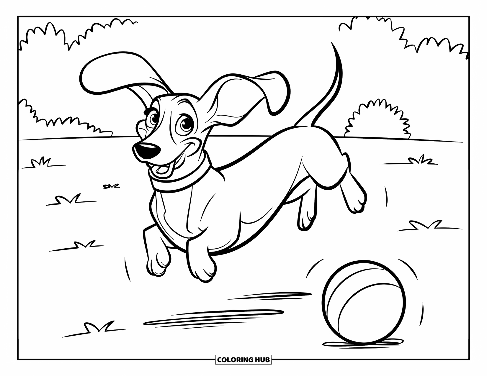 Wiener Dog Coloring Page for Kids: Collared wiener dog jumping happily in a grassy field