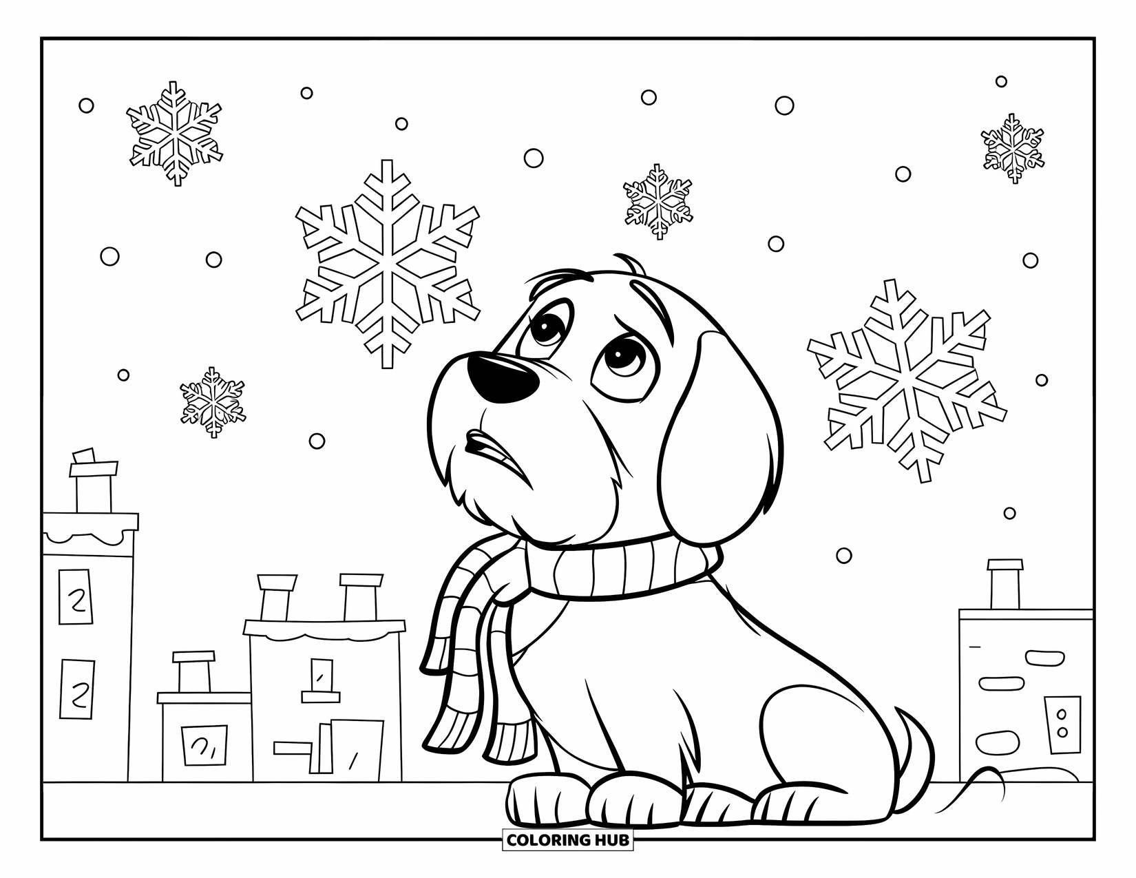 Wiener Dog Coloring Page for Kids: Concerned wiener dog in a scarf looking at snowflakes by buildings