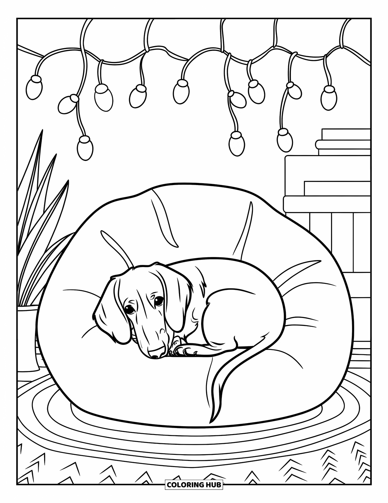 Wiener Dog Coloring Page for Kids: Cozy wiener dog curled on a bean bag with lights overhead