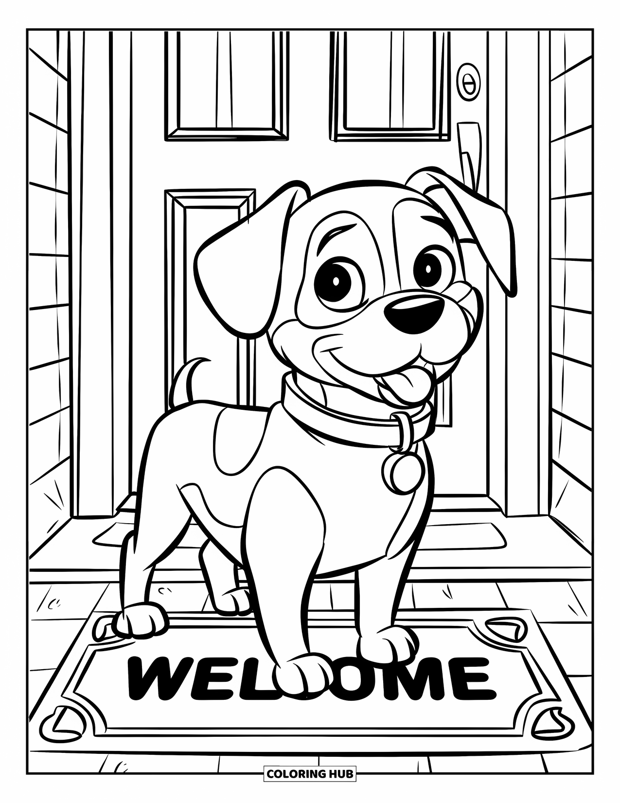 Wiener Dog Coloring Page for Kids: Cute wiener dog on a welcome mat in front of a door
