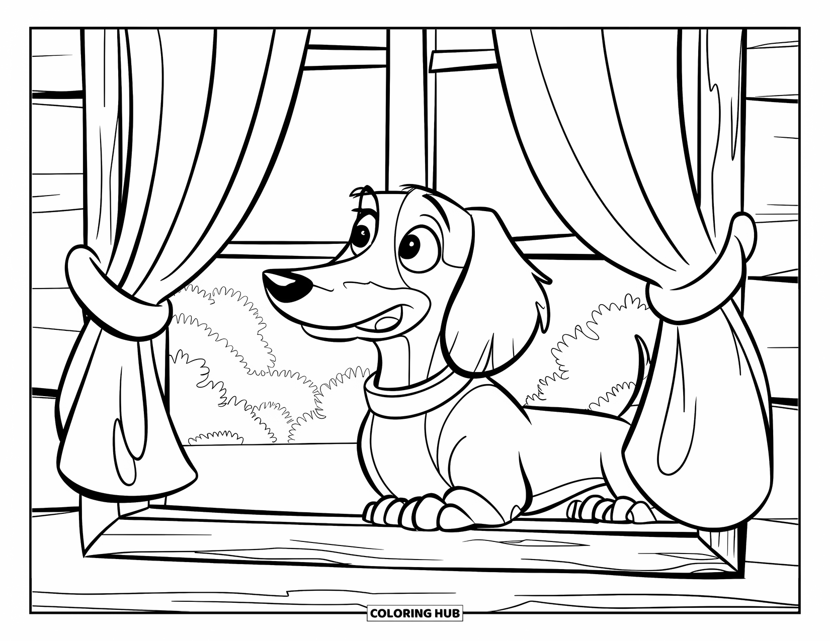 Wiener Dog Coloring Page for Kids: Fluffy wiener dog looking out a cozy wooden window