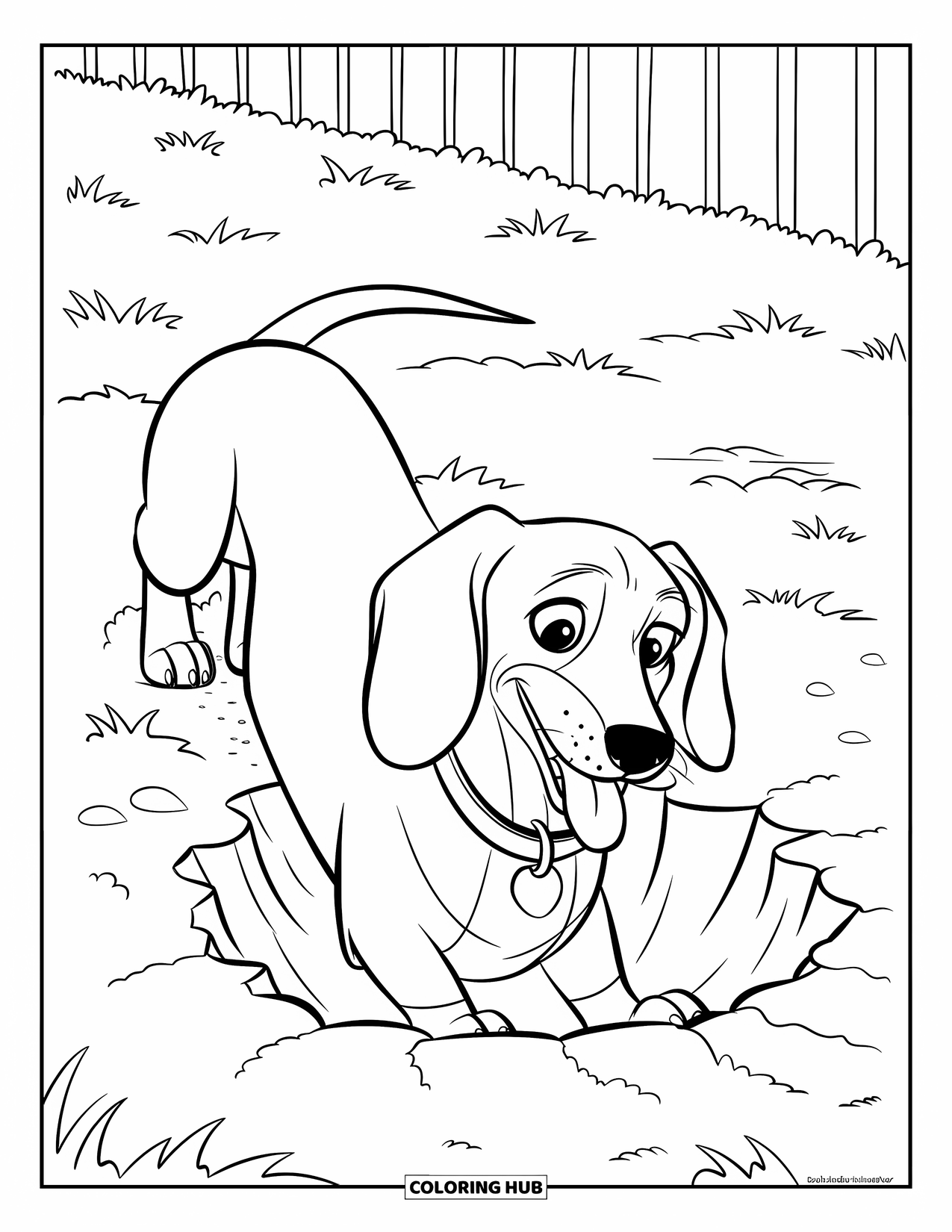 Wiener Dog Coloring Page for Kids: Happy wiener dog digging with paws in the backyard dirt
