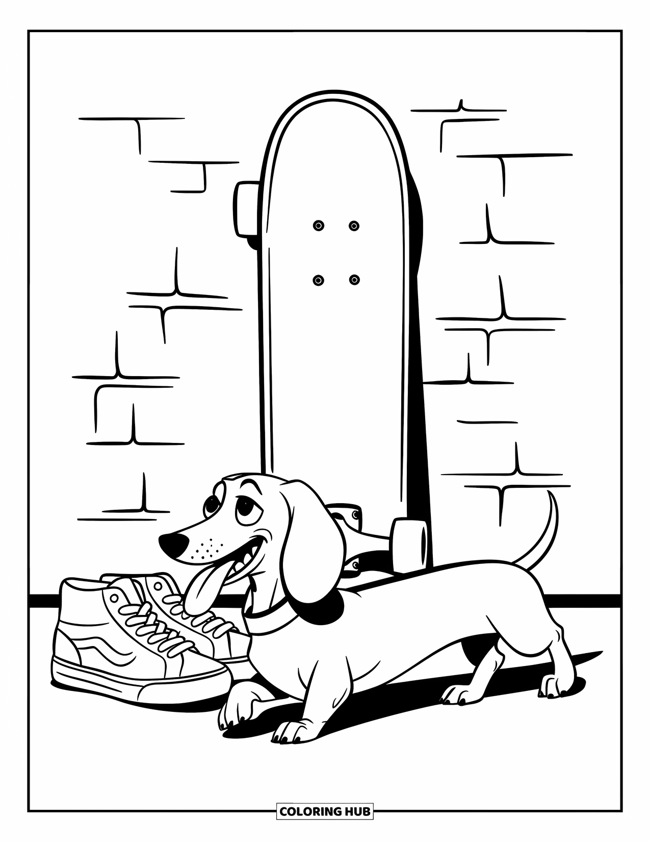 Wiener Dog Coloring Page for Kids: Happy wiener dog standing near sneakers and a skateboard