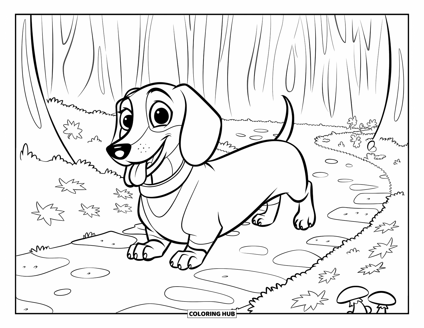 Wiener Dog Coloring Page for Kids: Happy wiener dog walking on a leaf-strewn path with tiny mushrooms