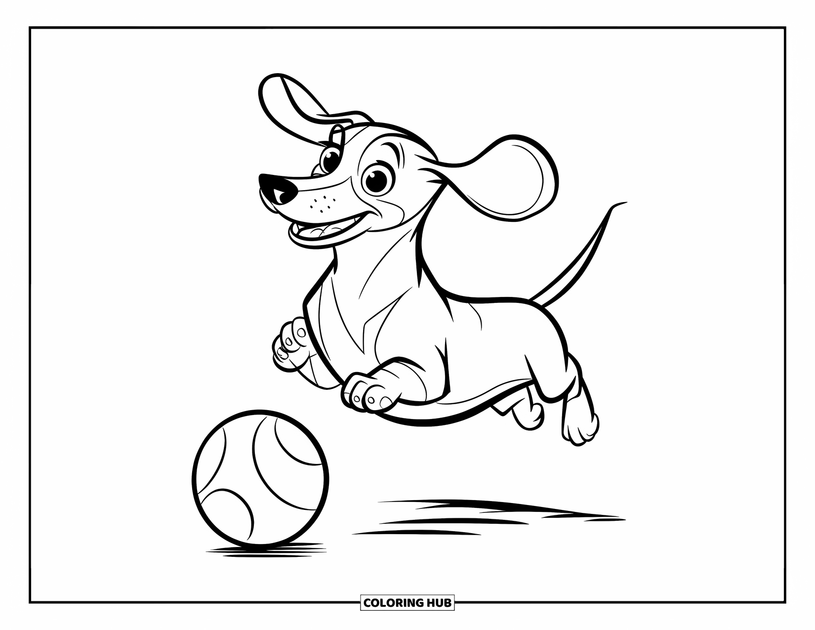 Wiener Dog Coloring Page for Kids: Jumping wiener dog with floppy ears and a ball nearby
