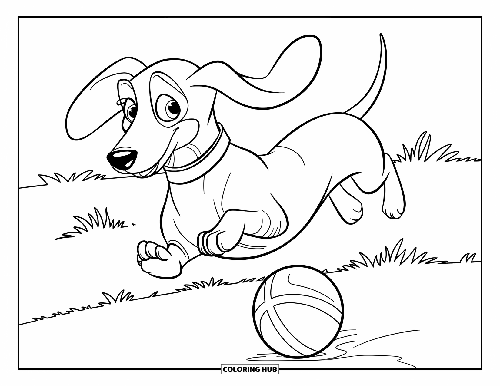 Wiener Dog Coloring Page for Kids: Playful wiener dog leaping over a ball with floppy ears