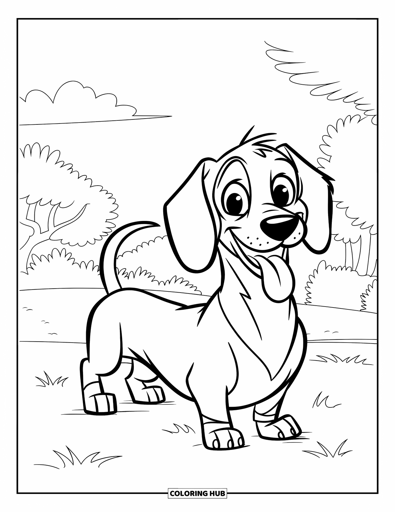 Wiener Dog Coloring Page for Kids: Playful wiener dog standing on a grassy field with its tail up