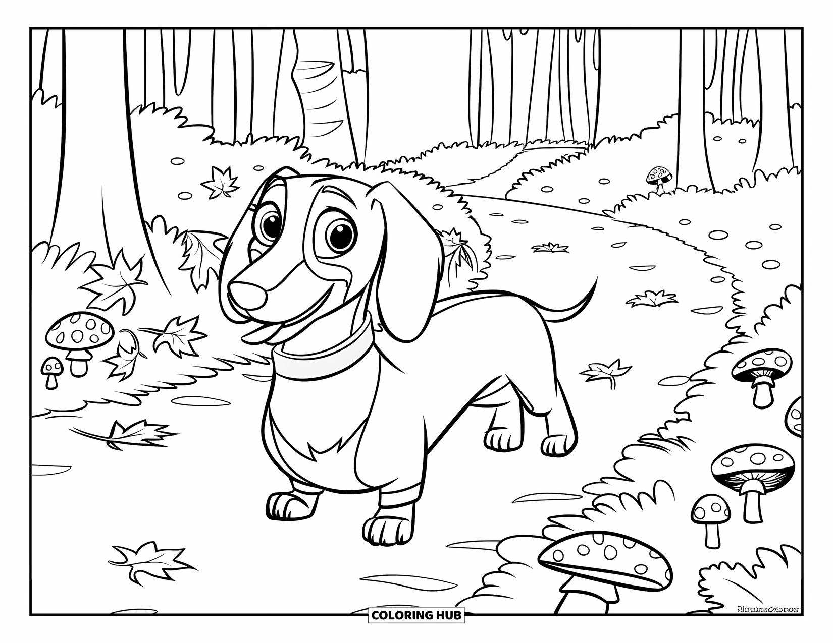 Wiener Dog Coloring Page for Kids: Playful wiener dog walking along a forest trail filled with leaves and mushrooms