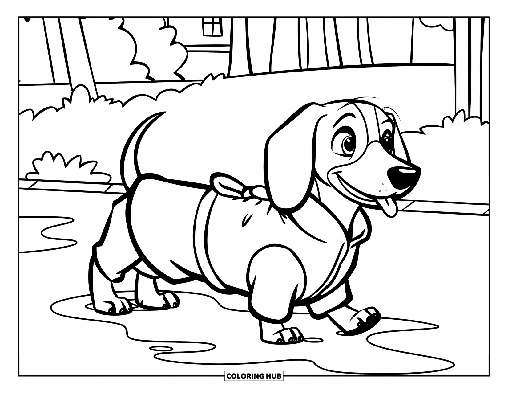 Wiener Dog Coloring Page for Kids: Raincoat wiener dog splashing through puddles in the yard