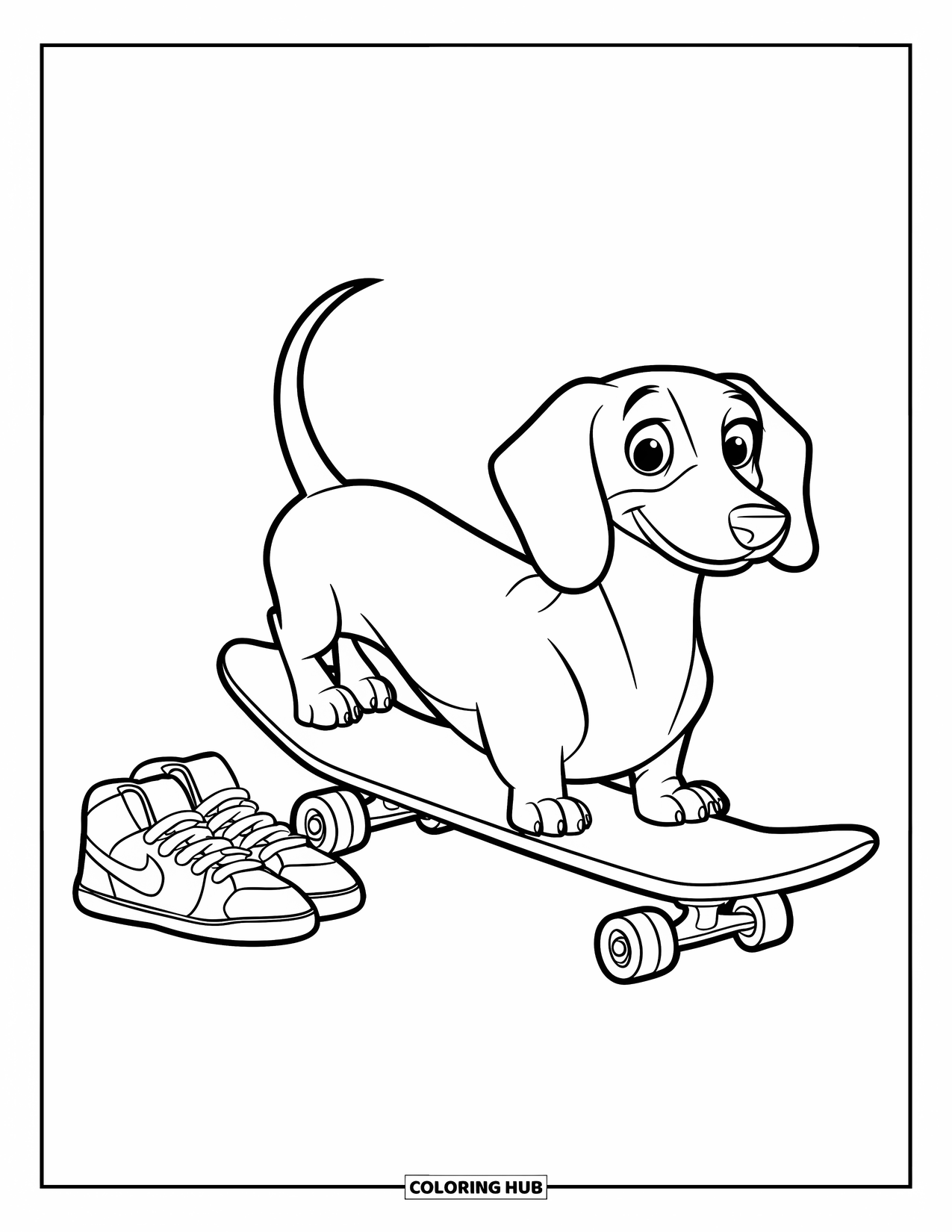 Wiener Dog Coloring Page for Kids: Wiener dog beside a skateboard and sneakers