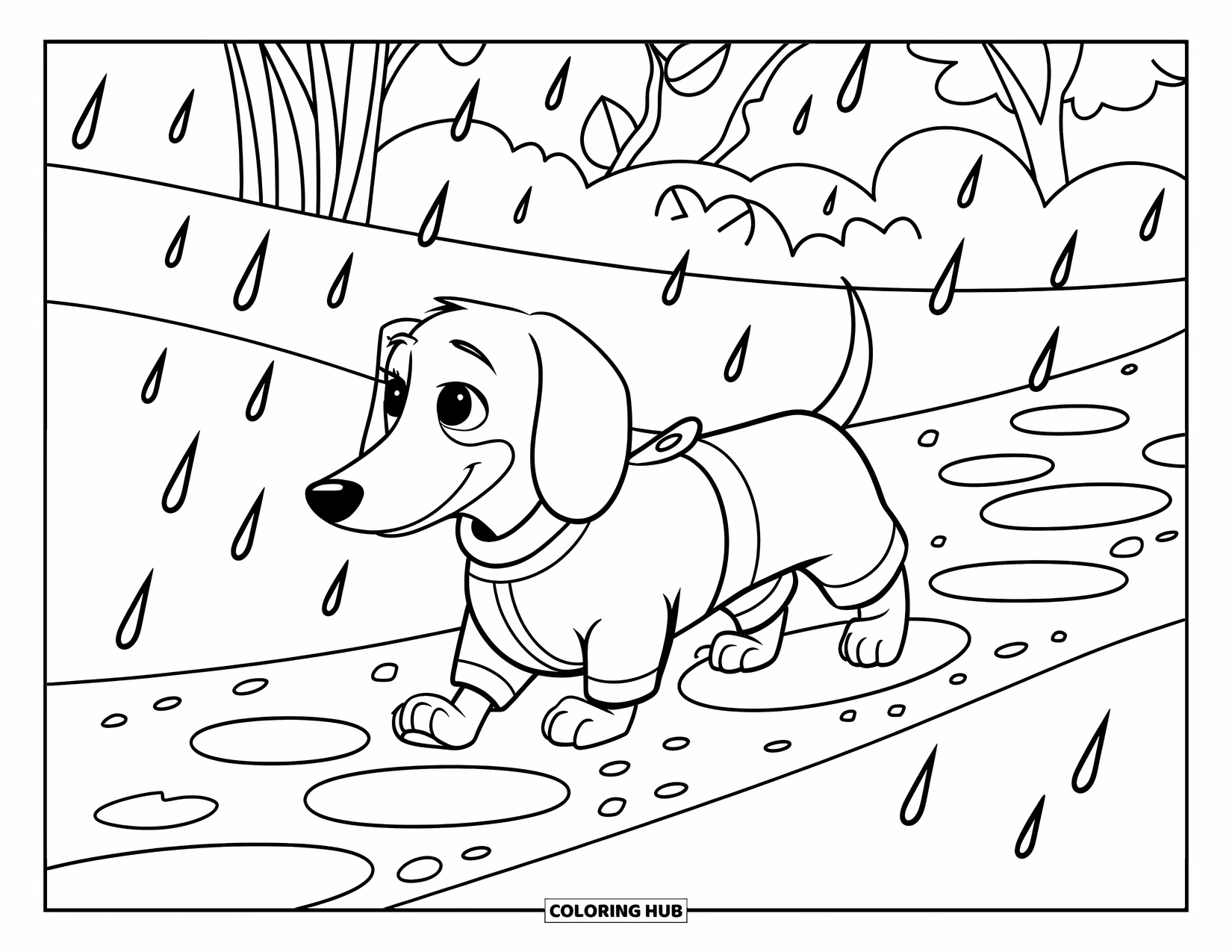 Wiener Dog Coloring Page for Kids: Wiener dog in a raincoat walking in the rain near trees