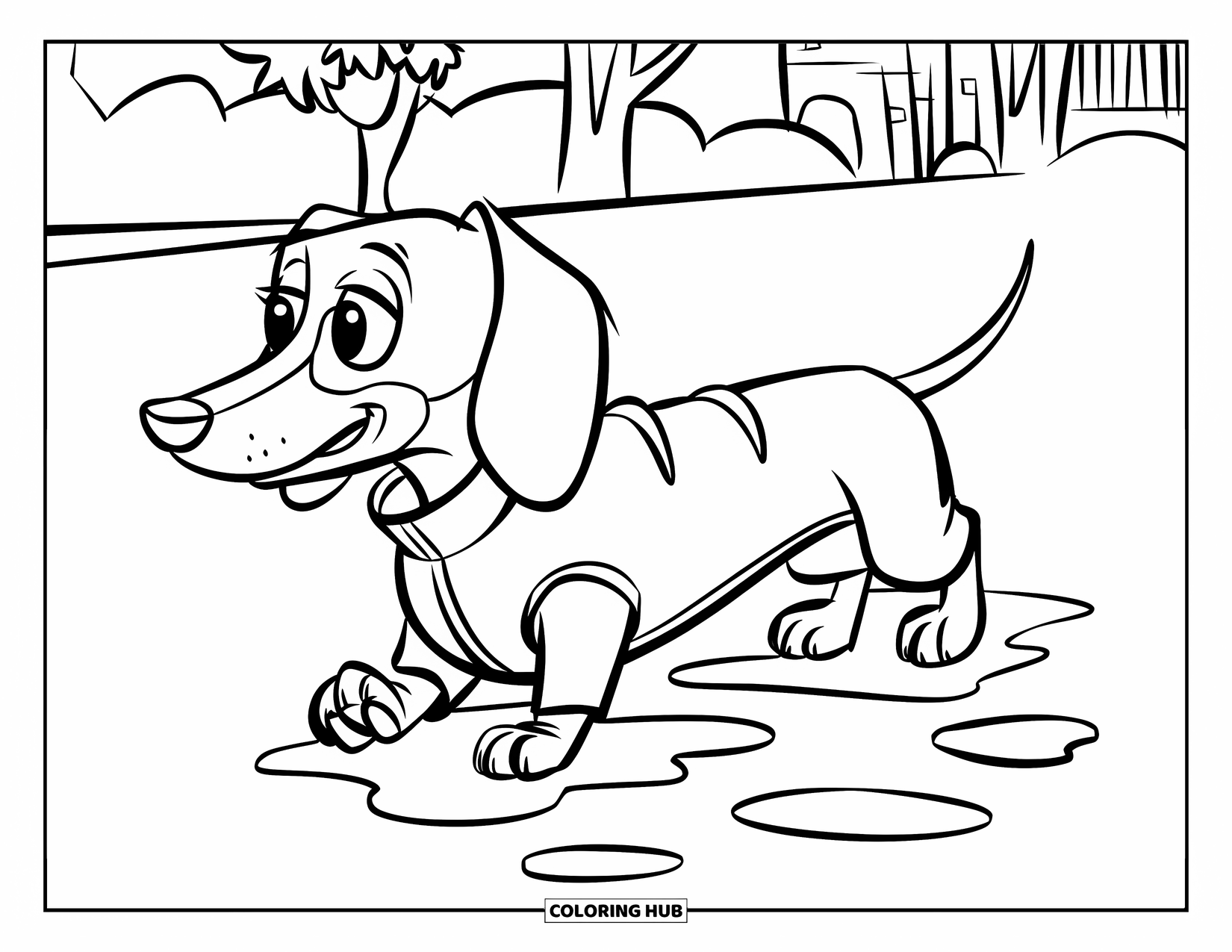 Wiener Dog Coloring Page for Kids: Wiener dog in a raincoat walking on a puddled path