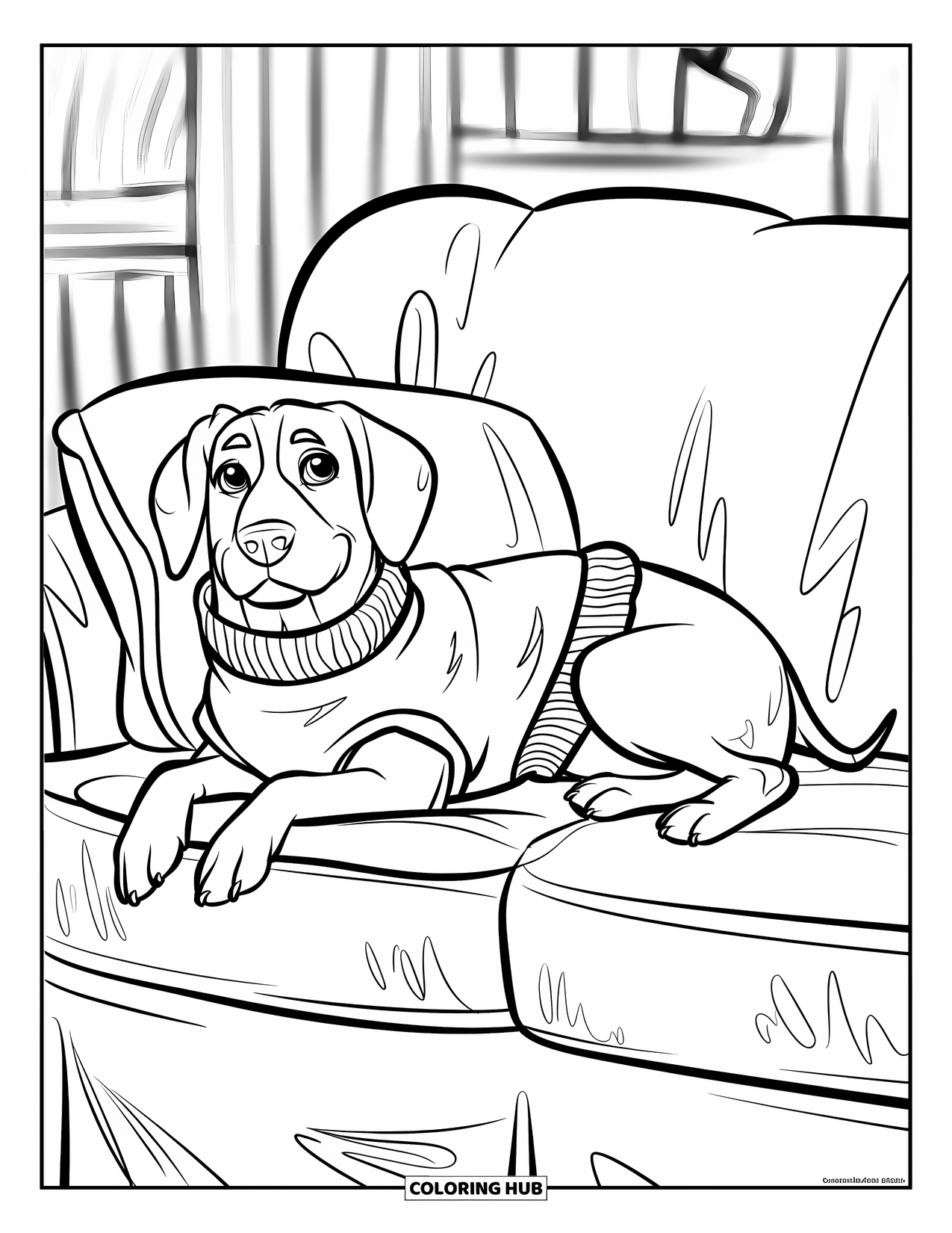 Wiener Dog Coloring Page for Kids: Wiener dog in a sweater lounging on a rustic couch