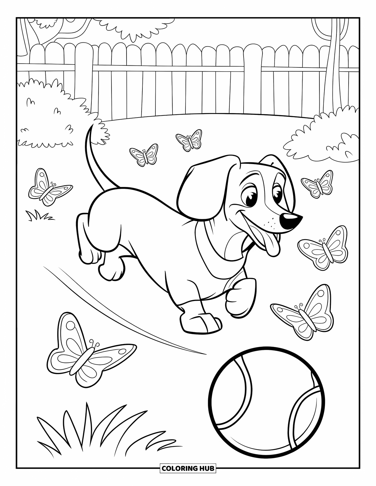 Wiener Dog Coloring Page for Kids: Wiener dog playing in the garden with butterflies and flowers