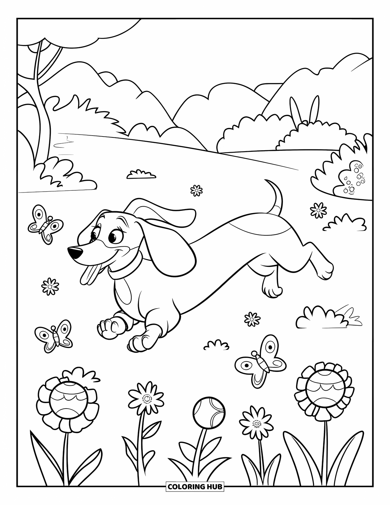 Wiener Dog Coloring Page for Kids: Wiener dog running through a garden filled with butterflies