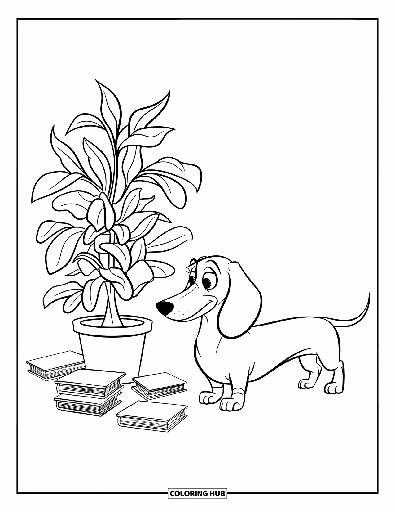Wiener Dog Coloring Page for Kids: Wiener dog standing near a plant with books on the floor