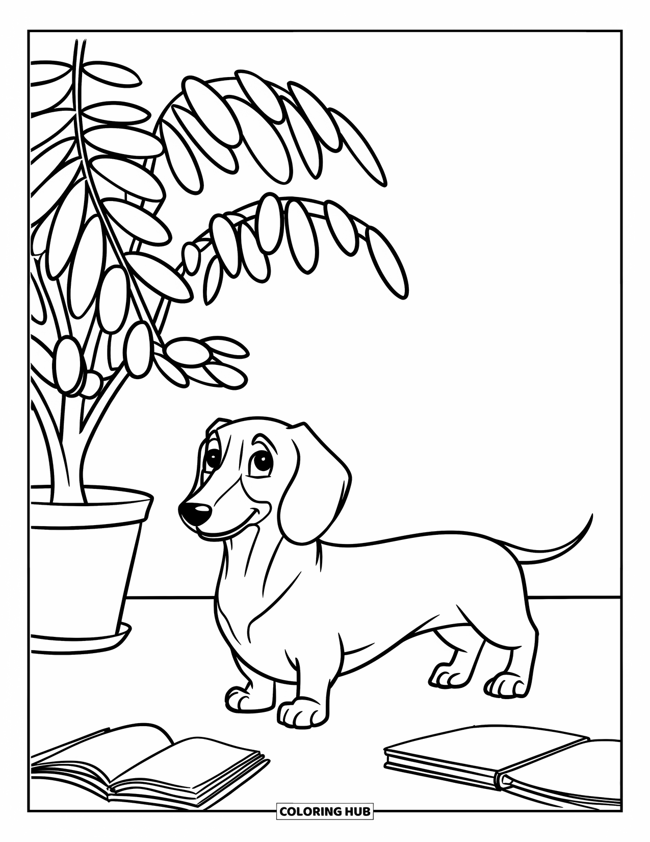 Wiener Dog Coloring Page for Kids: Wiener dog standing near a potted plant with scattered books