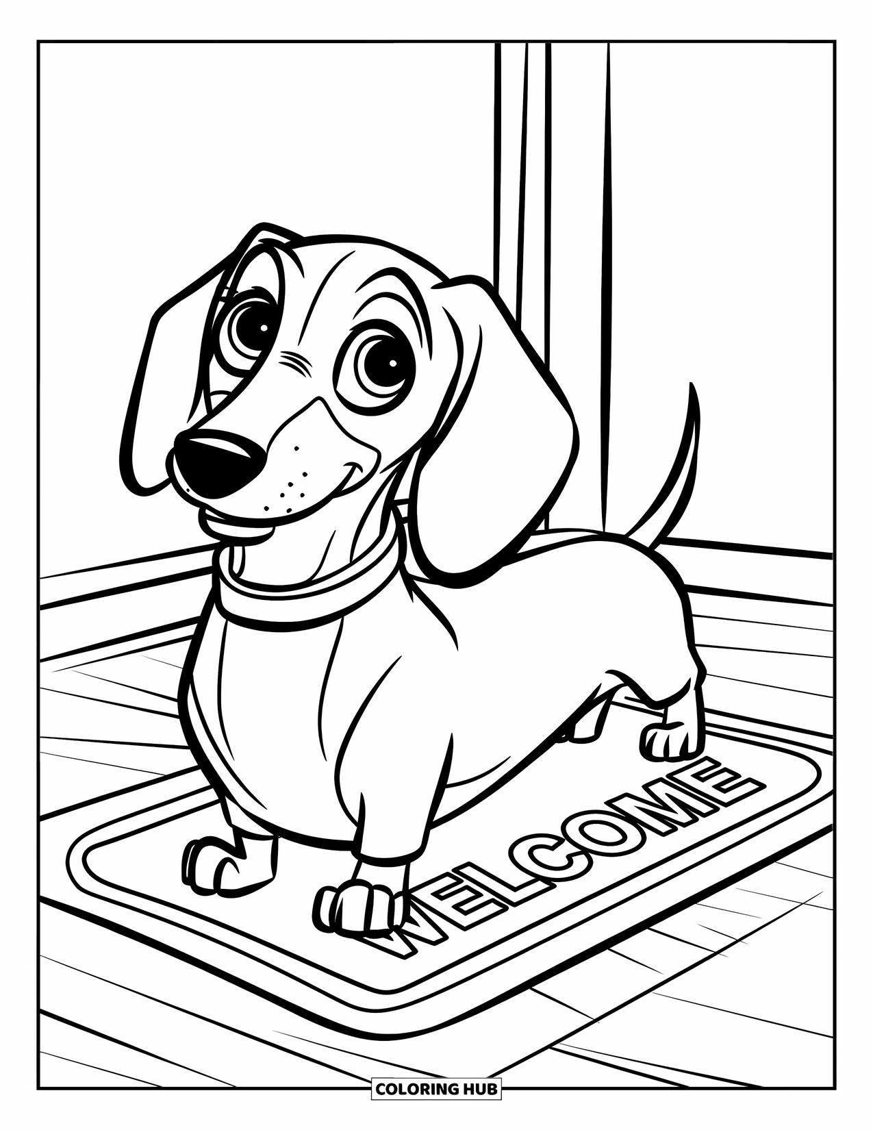 Wiener Dog Coloring Page for Kids: Wiener dog standing proudly on a welcome mat