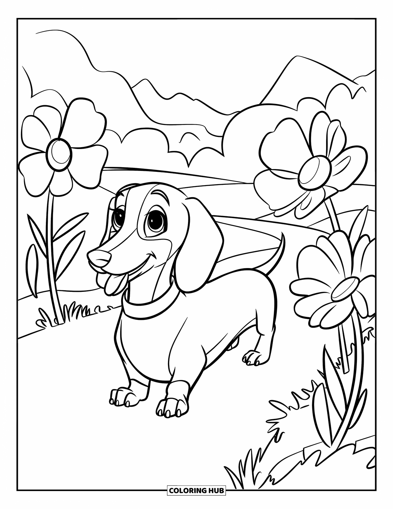 Wiener Dog Coloring Page for Kids: Wiener dog walking on a path lined with large flowers