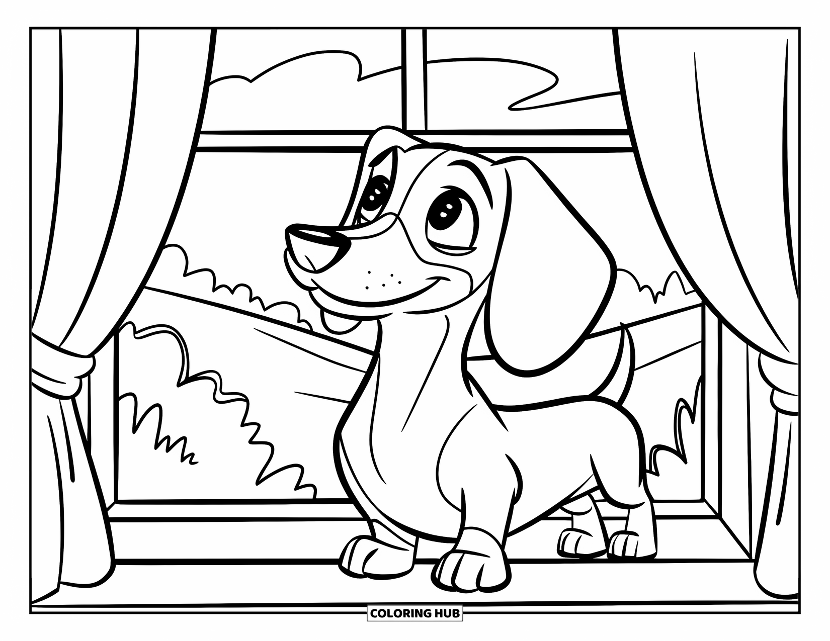 Wiener Dog Coloring Page for Kids: Wiener dog watching from a window with swaying curtains and trees
